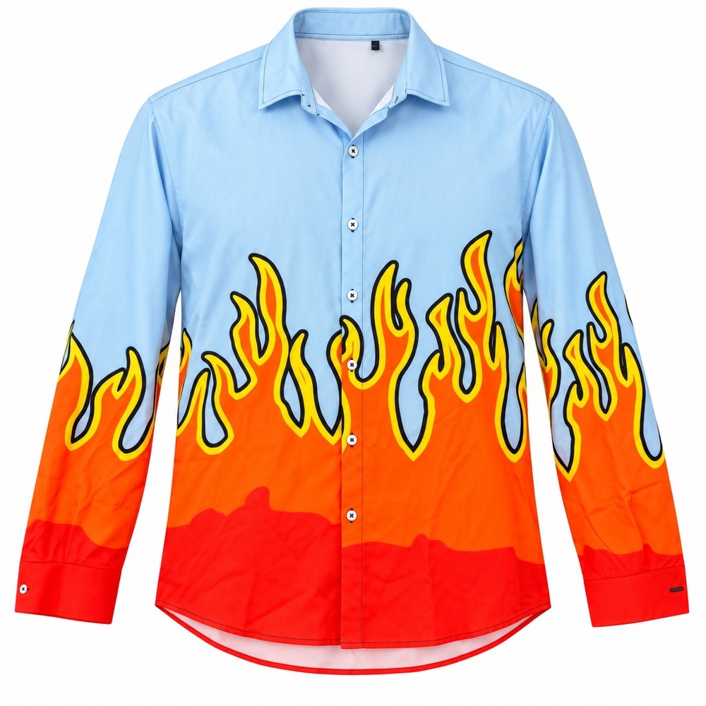 Romwe Flame Print Button Down Shirt Men XXL Blue Orange Y2K Streetwear Graphic